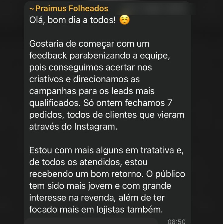 Print de WhatsApp: cliente Praimus Folheados agradecendo pela qualificação de leads